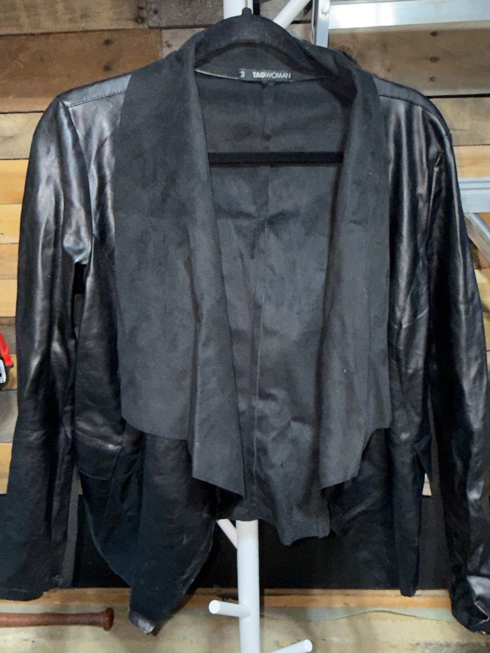 Tag Black Faux-Leather Draped Open-Front Jacket